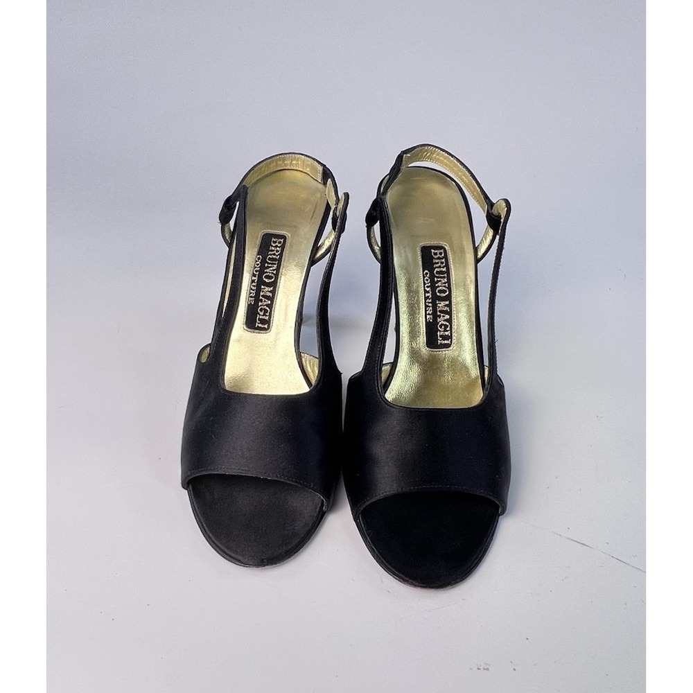 Vintage Bruno Magli Couture Black Satin Peep Toe Slingback Pumps Heels 6 B Italy - Picture 3 of 10